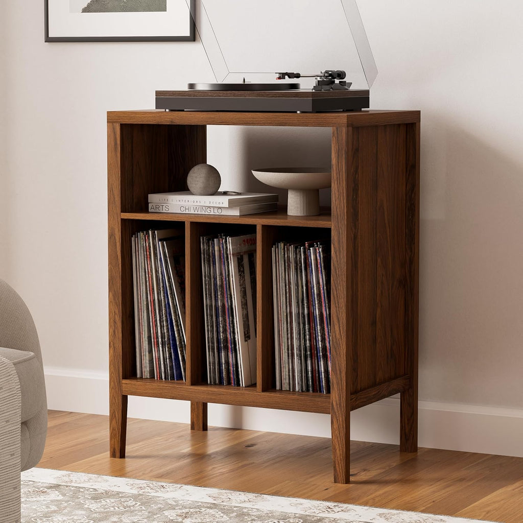 EYYTHUNG Record Player Stand with Vinyl Record Storage Holds up to 180 Albums, Large Turntable Stand Dispaly Shelf, Farmhouse Wood End Table for Bedroom, Living Room, Brown