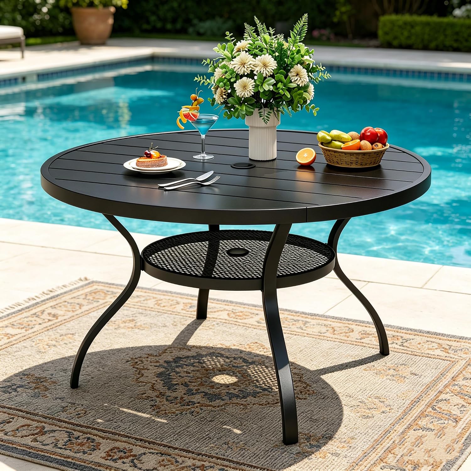SUNCROWN 42 Inch Round Outdoor Patio Dining Table, All Weather Black Metal Steel Slat Table with 1.5" Umbrella Hole, Weather Resistant Outside Furniture for Lawn Garden Backyard Porch