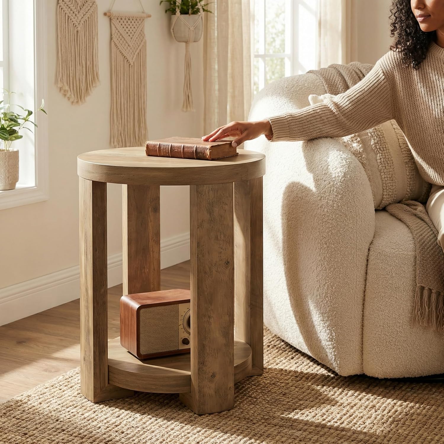 Tribesigns Round Side Table, 2-Tier End Table for Living Room & Bedroom, Small Accent Table with Storage Shelf (2, Brown)