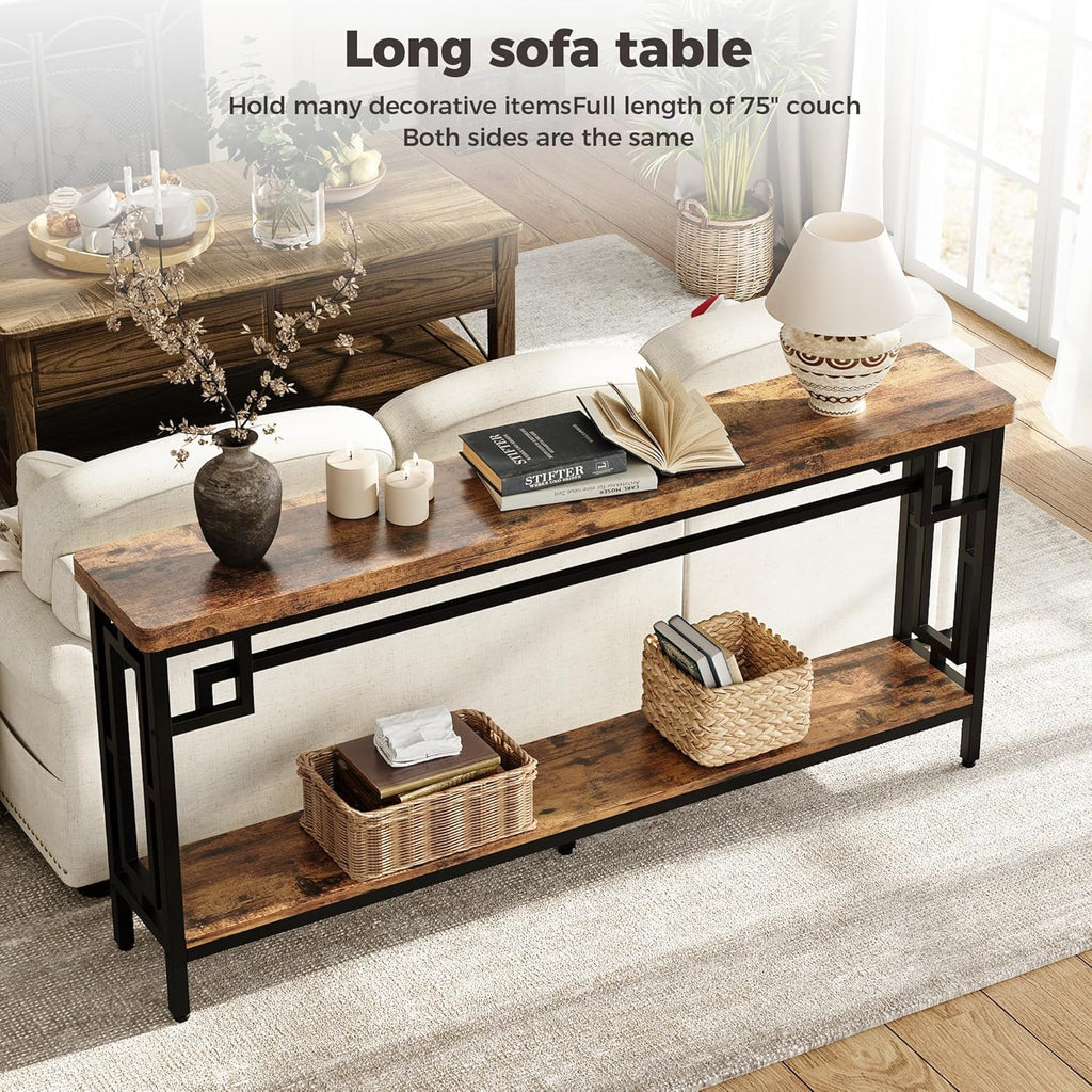 IRONCK 70.9" Long Console Table, 2-Tier Long Narrow Console Table Behind Couch for Display with Central Support Frame, Industrial Long Entryway Table for Entryway and Living Room