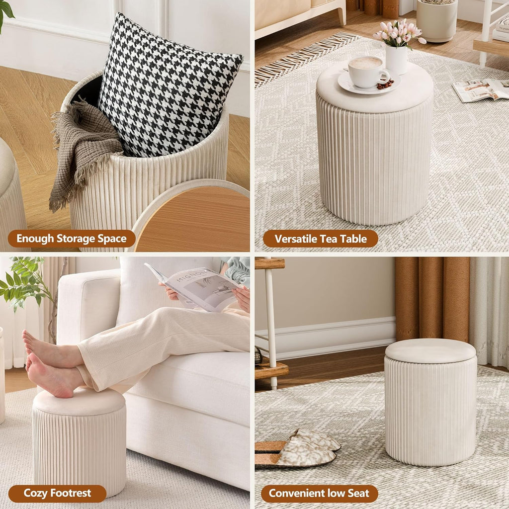 Ottoman with Storage Set of 2, Velvet Round Storage Ottoman, Upholstered Sponge Vanity Stool Support 300lbs, Multifunctional Coffee Table Foot Rest Ottoman for Living Room Bedroom, Beige
