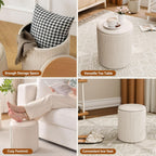 Ottoman with Storage Set of 2, Velvet Round Storage Ottoman, Upholstered Sponge Vanity Stool Support 300lbs, Multifunctional Coffee Table Foot Rest Ottoman for Living Room Bedroom, Beige
