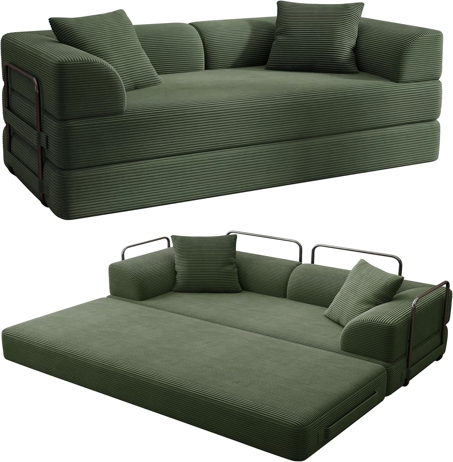 Cloud Boneless Couch Futon Sofa Bed, 5-in-1 Convertible Sofa Bed Pull Out Couch Sleeper Sofa Compressed Loveseat, 70" High-Density Sponge & Corduroy Fabric Futon Daybed for Living Room Bedroom(Green)