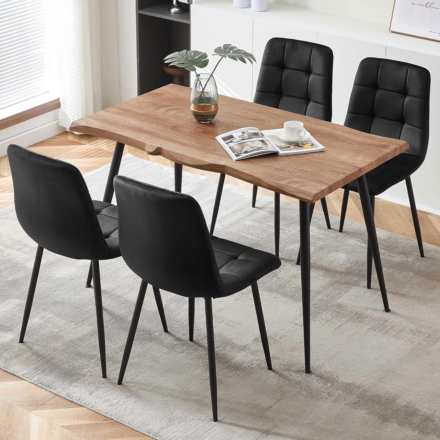 NORDICANA 5-Piece Dining Table Set, 47 in Modern Irregular Rectangle Kitchen Table & 4 Black Velvet Upholstery Side Chairs, Metal Legs, Dining Room Set for 4
