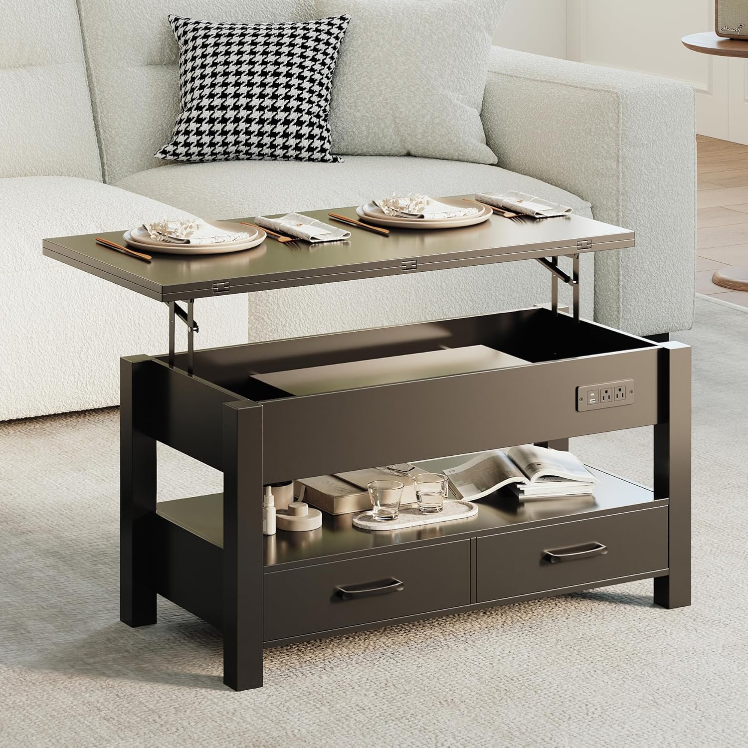 MALOL 40" Smart Lift Top Coffee Table for Living Room, 4 in 1 Multi-Function Modern Coffee Tables with Storage Drawers, LED Light and Charging Station, Farmhouse Wood Coffee Table, Black