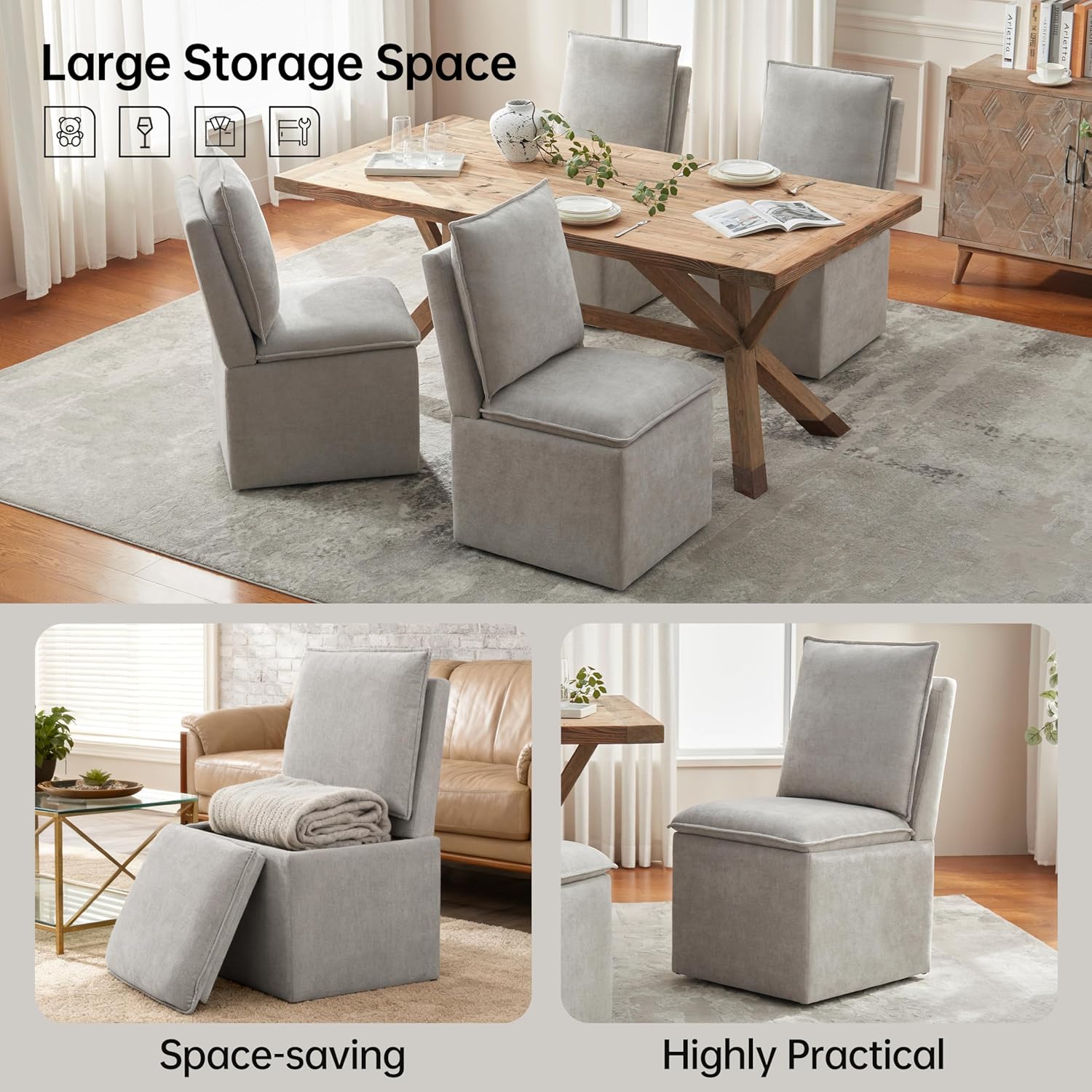 VKNOW Upholstered Dining Chairs, Modern Rolling Chairs with Storage and Wheels, Linen Armless Chair with Cushion and Backrest, Dining Room Chairs for Living Room Kitchen Bedroom, Light Grey