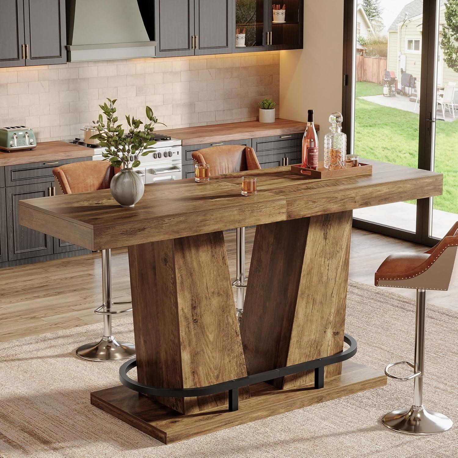 Tribesigns 62.99" Industrial Bar Table for 4-6, Rectangle Counter Height Pub Table with Metal Footrest, Home Bar Units for Pub, Bistro, Kitchen, Balcony, Dining Room, Living Room (Rustic Brown)