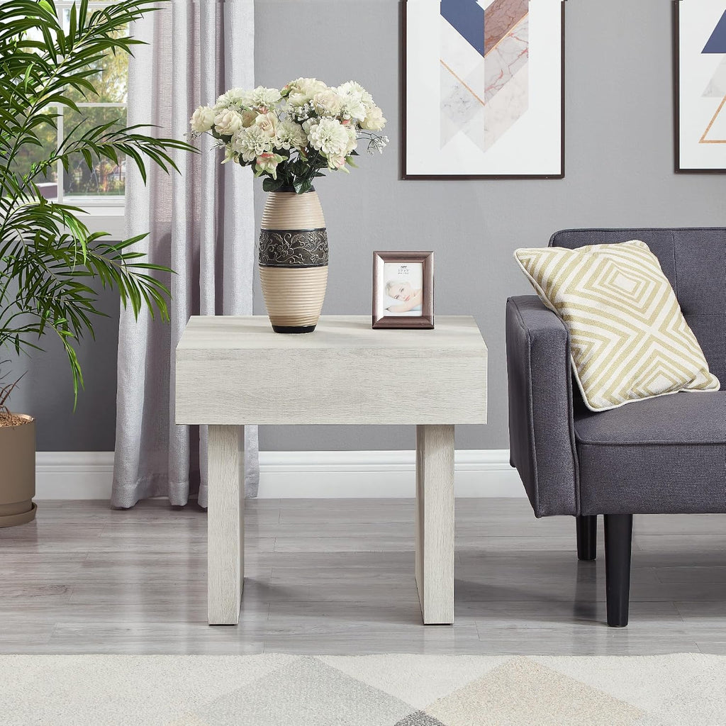 Penau Modern Accent End Table, Contemporary Rectangular Side Table with MDF Wood-Grain Veneer, Bold Block Legs, Smooth Top for Living Room Bedroom Office, White, 23.5 x 22 x 23 Inchs