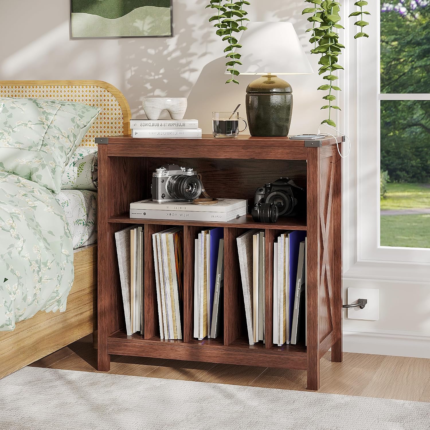 ChooChoo Large Record Player Stand with Charging Station & LED Light, Vinyl Record Holder hold up to 300 Albums, Farmhouse End Table for Bedroom, Living Room, Walnut