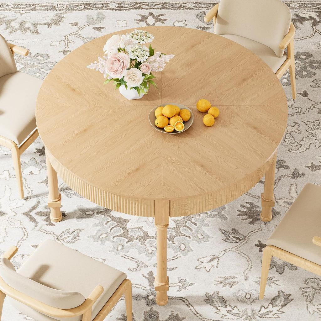 47'' Round Dining Table for 4-6, Modern Farmhouse Fluted Kitchen Table Dinner Table with 2 Storage Drawers, Wooden Circle Dining Tables with Solid Wood Legs for Home Dining Room Living Room, Natural