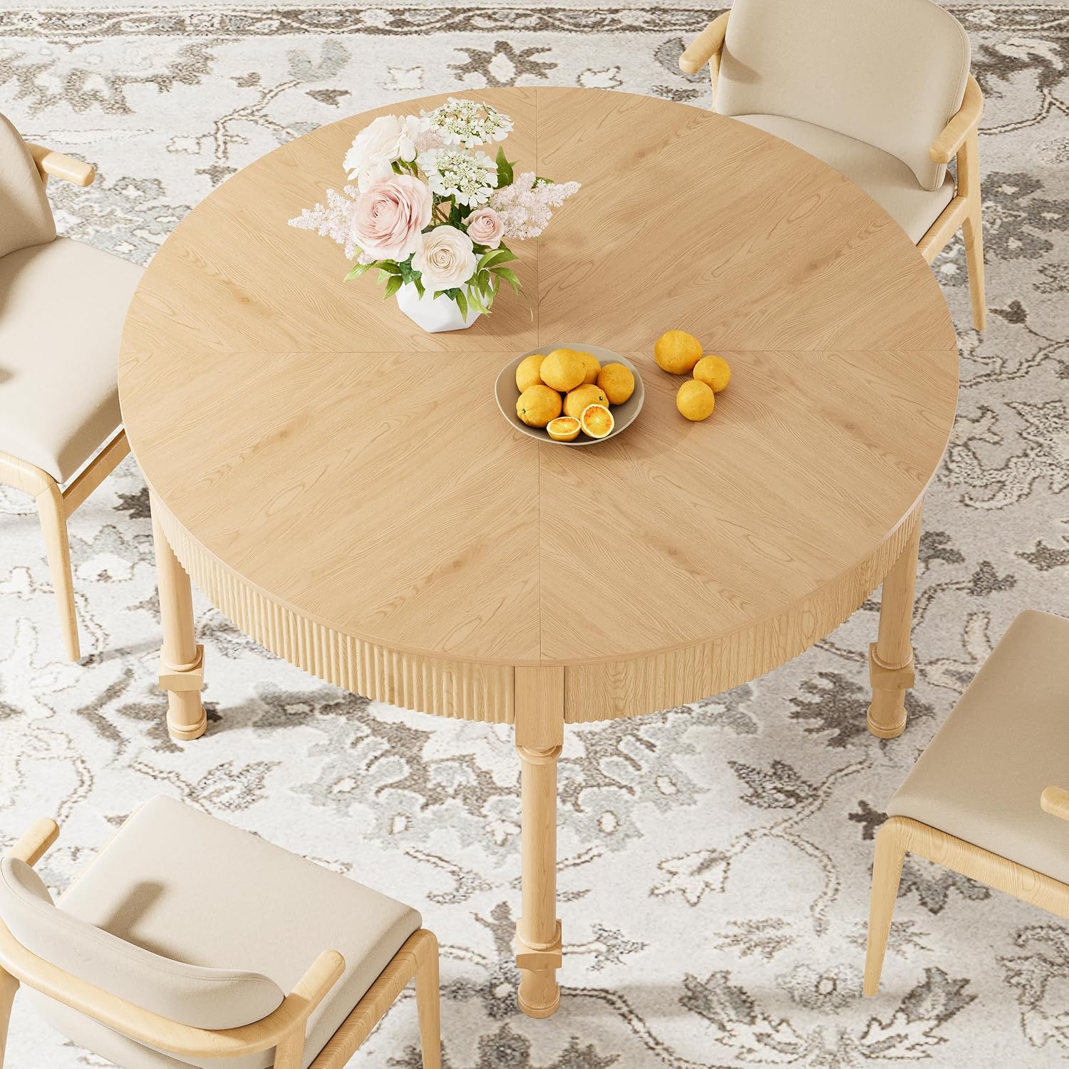 47'' Round Dining Table for 4-6, Modern Farmhouse Fluted Kitchen Table Dinner Table with 2 Storage Drawers, Wooden Circle Dining Tables with Solid Wood Legs for Home Dining Room Living Room, Natural