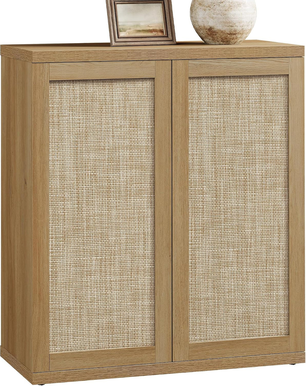 SICOTAS Rattan Sideboard Storage Cabinet - Boho Credenza Coffee Bar Cabinet with Doors & Adjustable Shelves, Large Farmhouse Buffet Console Table for Living Room, Kitchen, Entryway