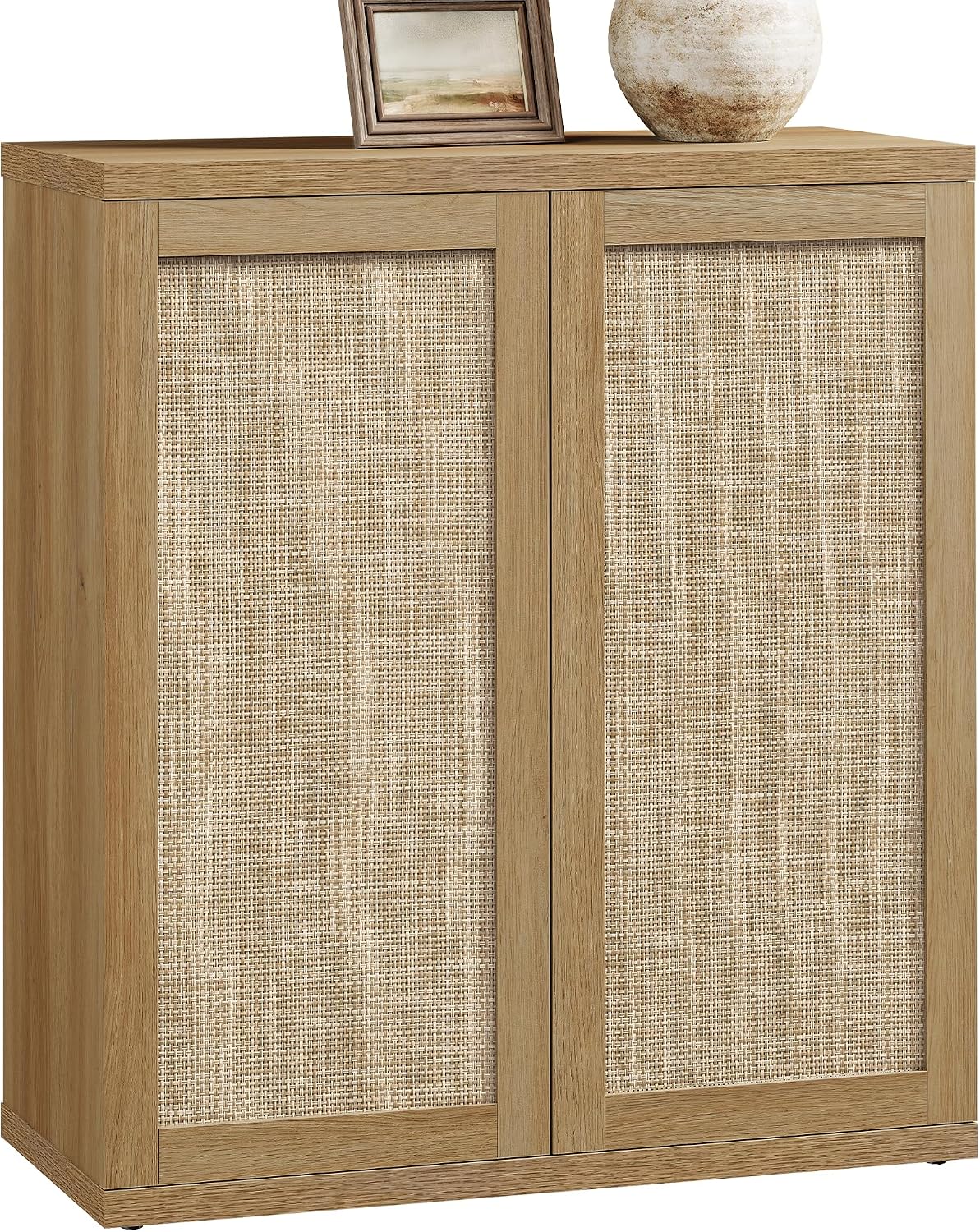 SICOTAS Rattan Sideboard Storage Cabinet - Boho Credenza Coffee Bar Cabinet with Doors & Adjustable Shelves, Large Farmhouse Buffet Console Table for Living Room, Kitchen, Entryway
