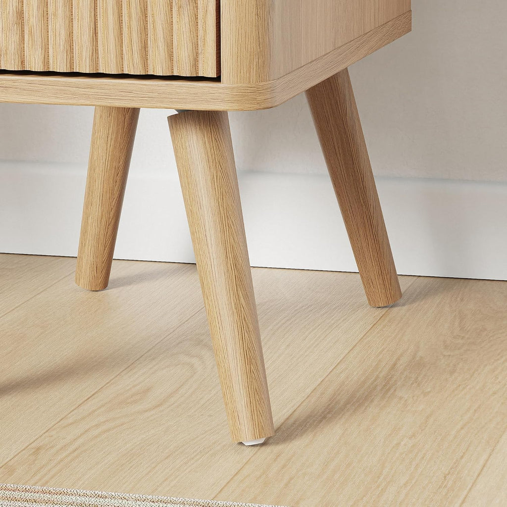 26.4" Tall Narrow Nightstand, 9.8" Wide Fluted End Table with 2 Drawer & Open Shelf, Wood Night Stand w/Rounded Corner, Slim Side Table for Bedroom/Entryway/Living Room, Natural