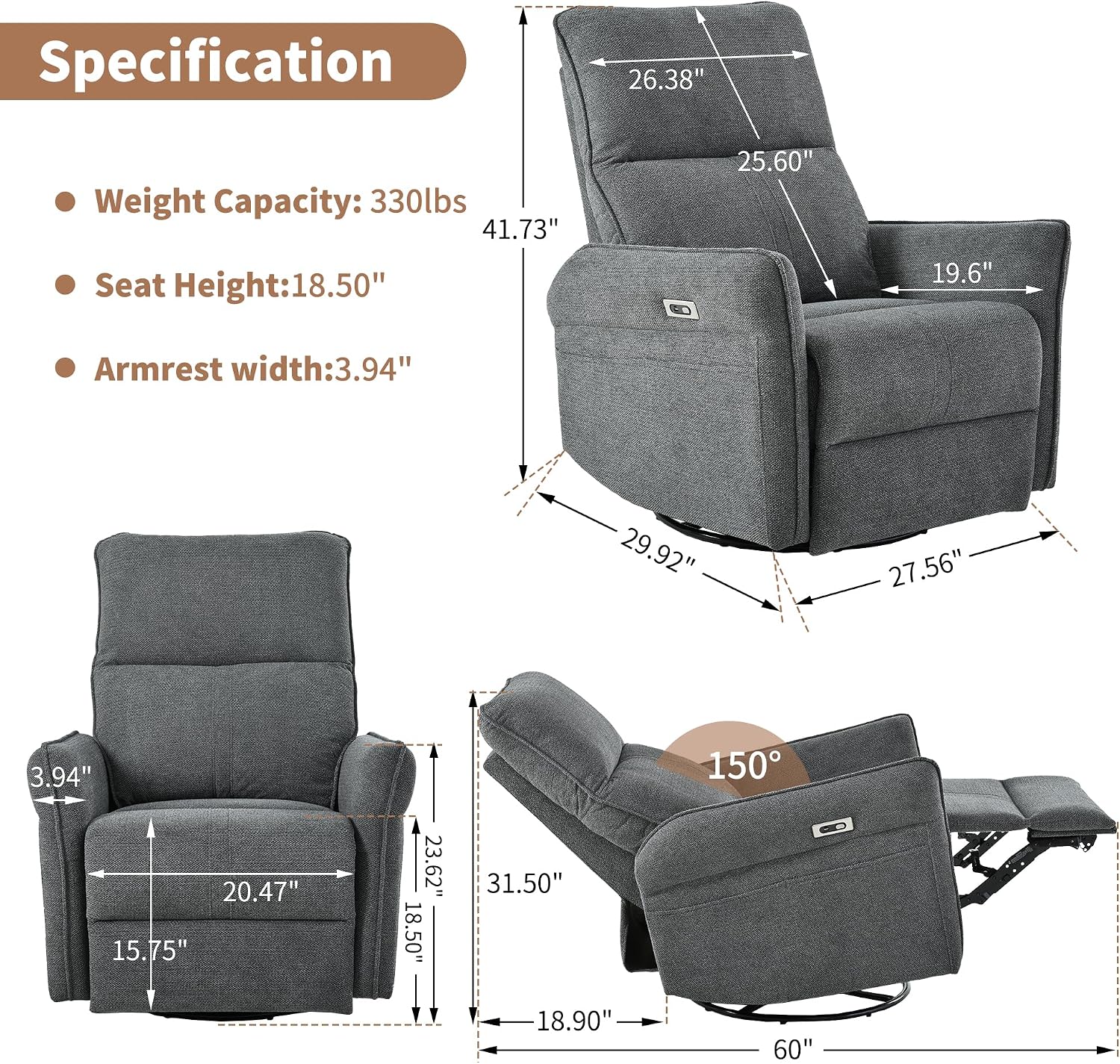 270° Power Swivel Rocker Recliner Chair, Rocking Chair Nursery, Electric Recliners for Small Spaces, Single Sofa Recliner for Living Room, Bedroom, RV (Fabric, Dark Gray+270°Swivel)