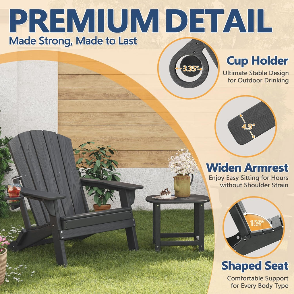 Folding Adirondack Chair with Cup Holder, HDPE All Weather Resistant Plastic Outdoor Patio Chairs with Footrest, Heavy Duty Fire Pit Seating for Backyard Lawn Garden, Wood Textured(Gray)
