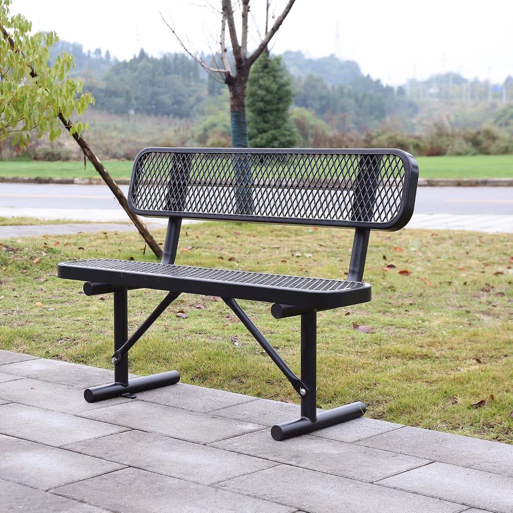 4FT Heavy Duty Metal Park Bench for Outside, Thermoplastic-Coated Weatherproof Outdoor Bench with Backrest & Portable Frame, Commercial Benches for Shopping Mall, Store, Park, Patio, Porch, Black