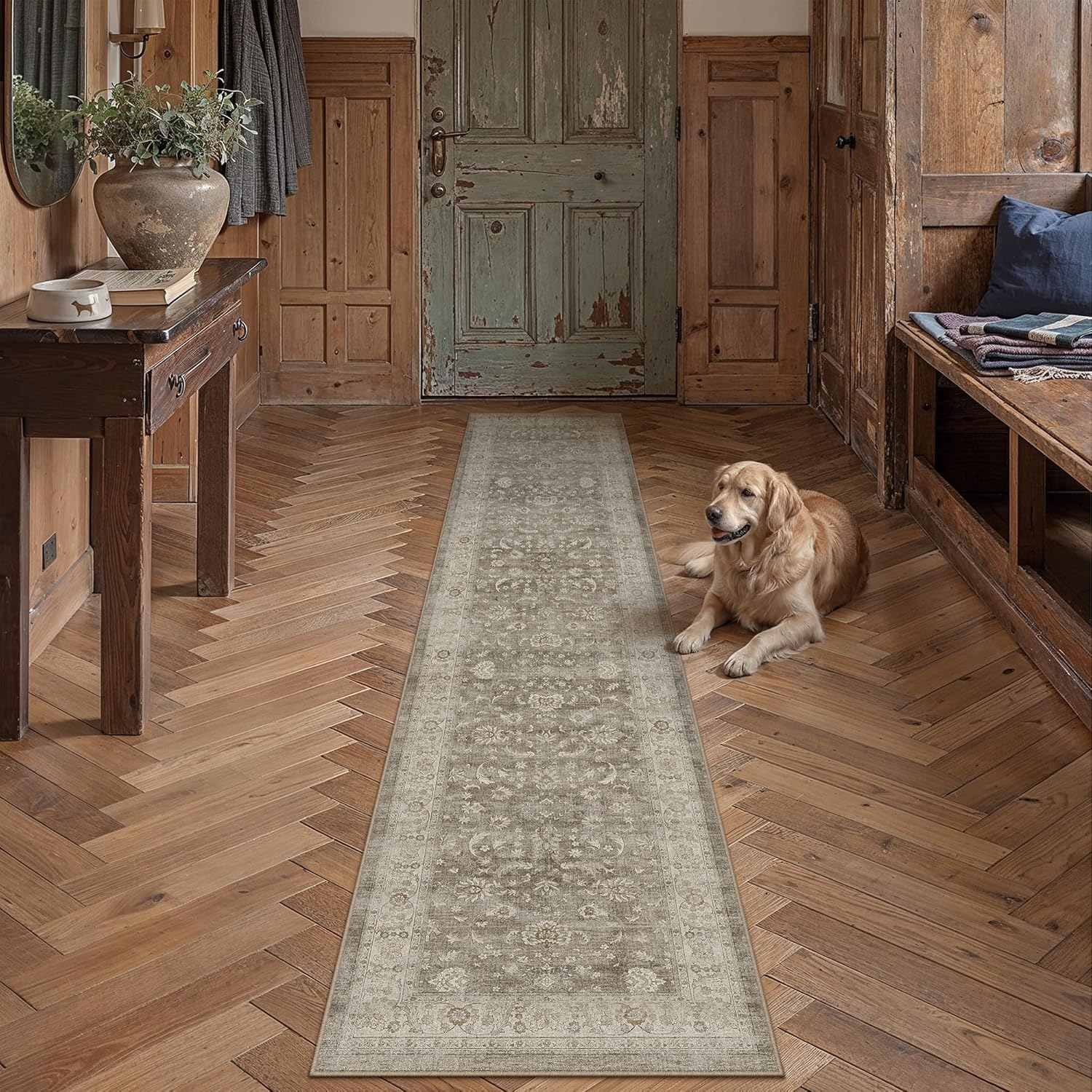 PureCozy 2x8 Washable Runner Rug for Hallway Kitchen Brown Gray Vintage Low Pile Carpet Non Slip Soft Distressed Indoor Floral Accent Retro Long Rug for Laundry Entryway Bathroom Bedroom Living Room