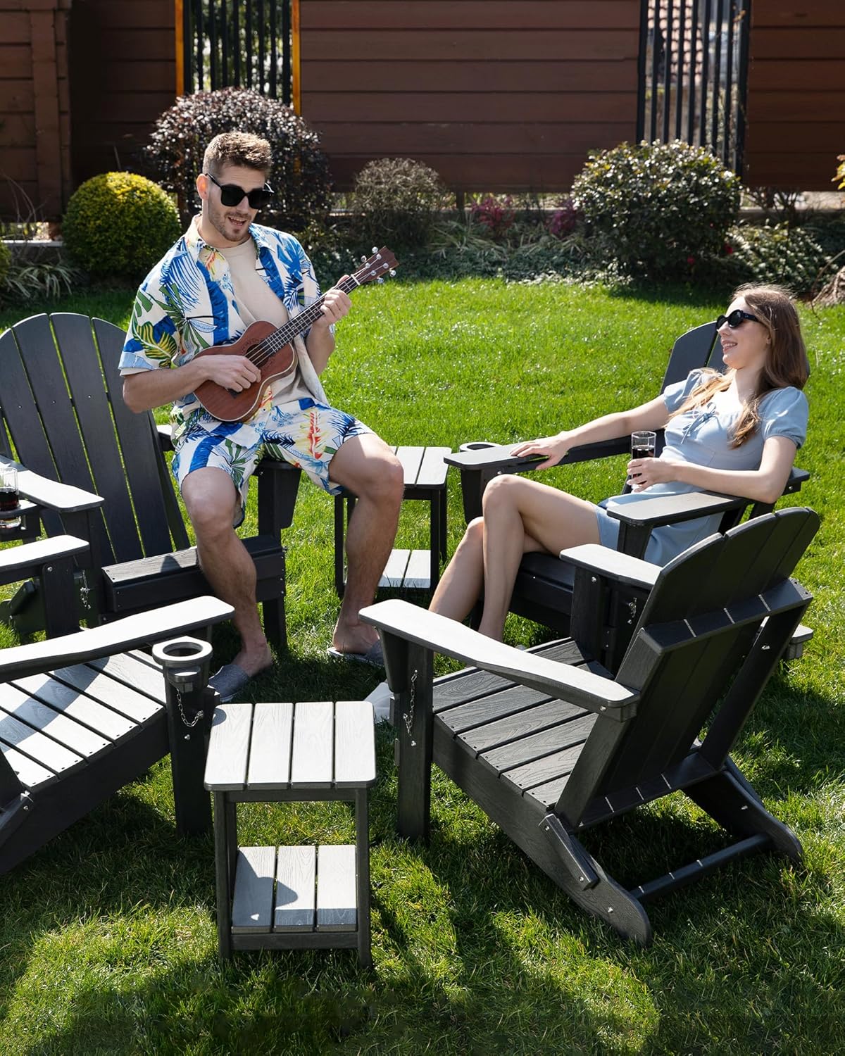 Folding Adirondack Chair Wood Texture, Patio Chairs Weather Resistant, Outdoor Chair, Lawn Chair with Cup Holder, Fire Pit Chair for Deck, Outdoor, Porch, Backyard (Black)