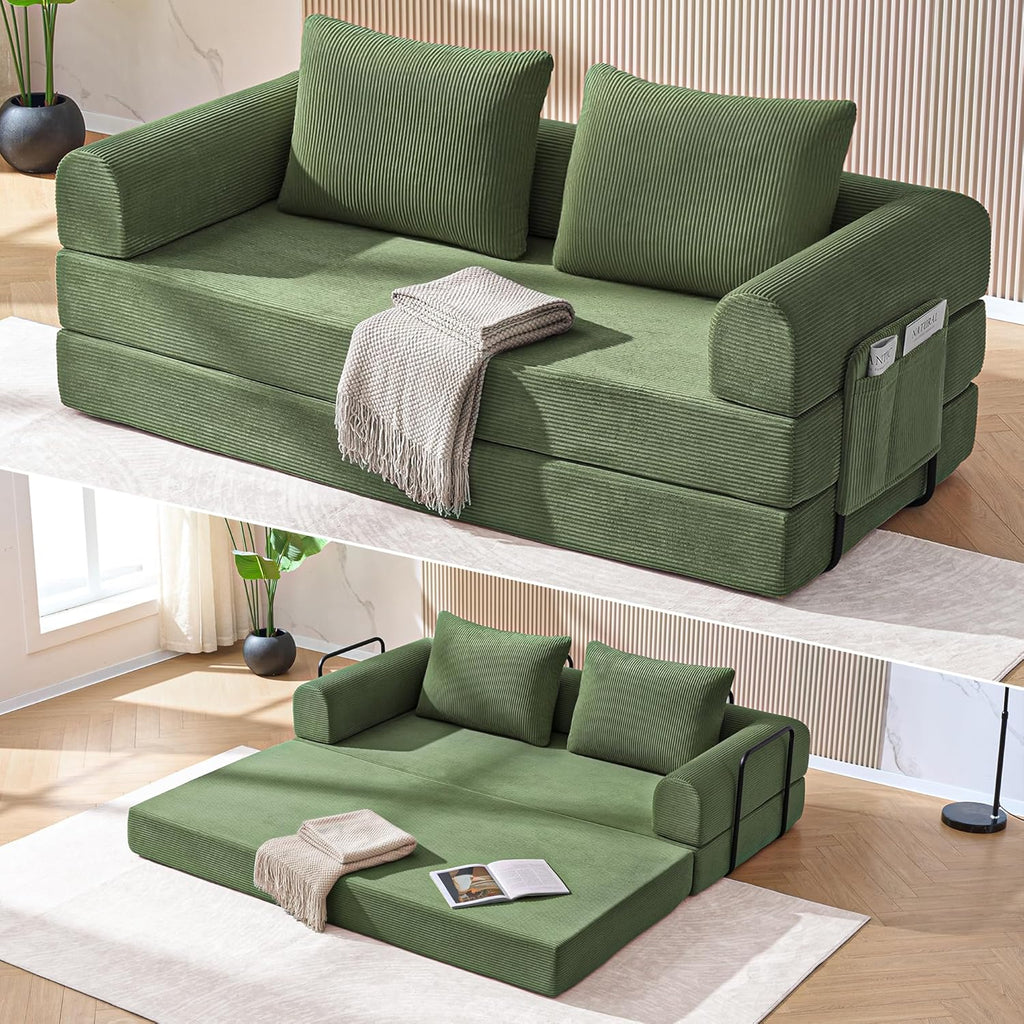 4-in-1 Folding Convertible Sofa Bed, 78 Inch Oversized Corduroy Loveseat Sleeper with Pull Out Bed, Boneless Futon Couch for Living Room Bedroom, No Assembly Needed, Olive Green