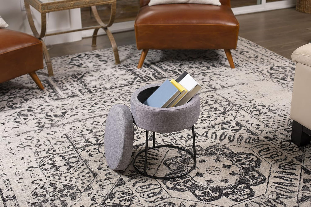 BIRDROCK HOME Grey Linen Storage Stool Ottoman w/Black Metal Leg Base, Soft Compact Padded Seat Footrest, Small Footstool for Living Room Seating, Office, Dorm, Vanity Chair, Bedroom, Couch, Desk