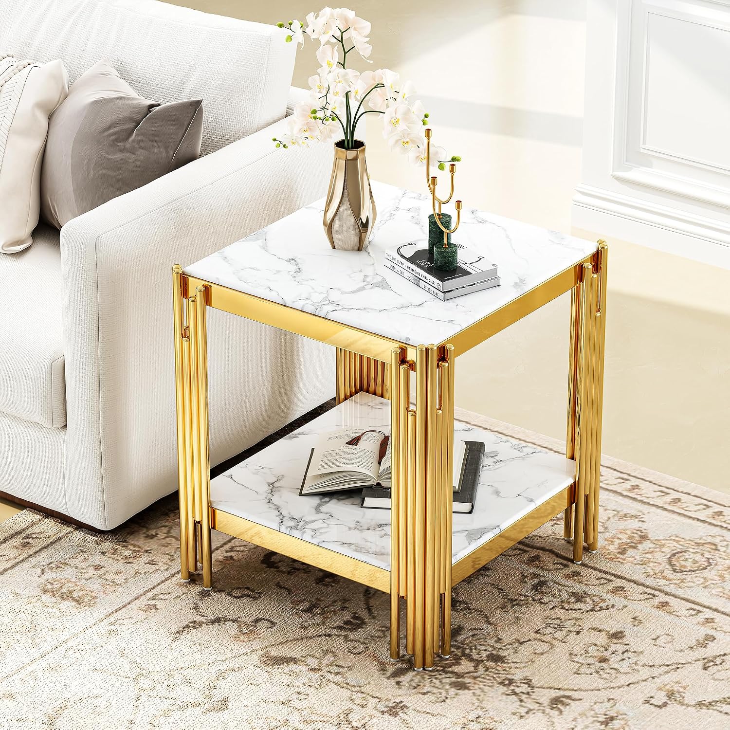 19" Square White Faux Marble End Table with Gold Mirror-Finish Stainless Steel Frame, Luxury Modern 2-Tier Side Table for Living or Bedroom