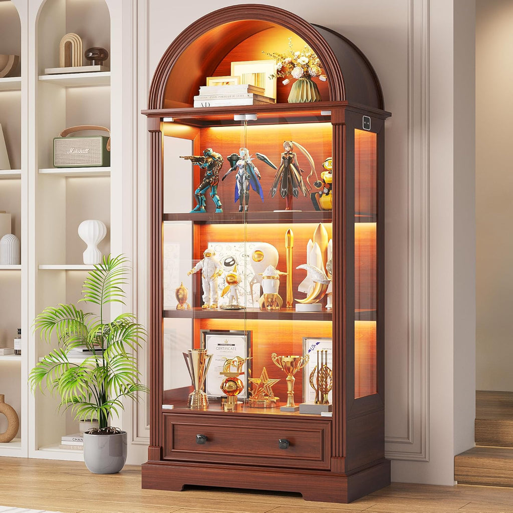 Dystler Curio Cabinet with Glass Doors, 72" Tall Arched Display Cabinet with Human Sensor Lights, 4-Tier Display Case for Collectibles Bookcase Living Room, Walnut