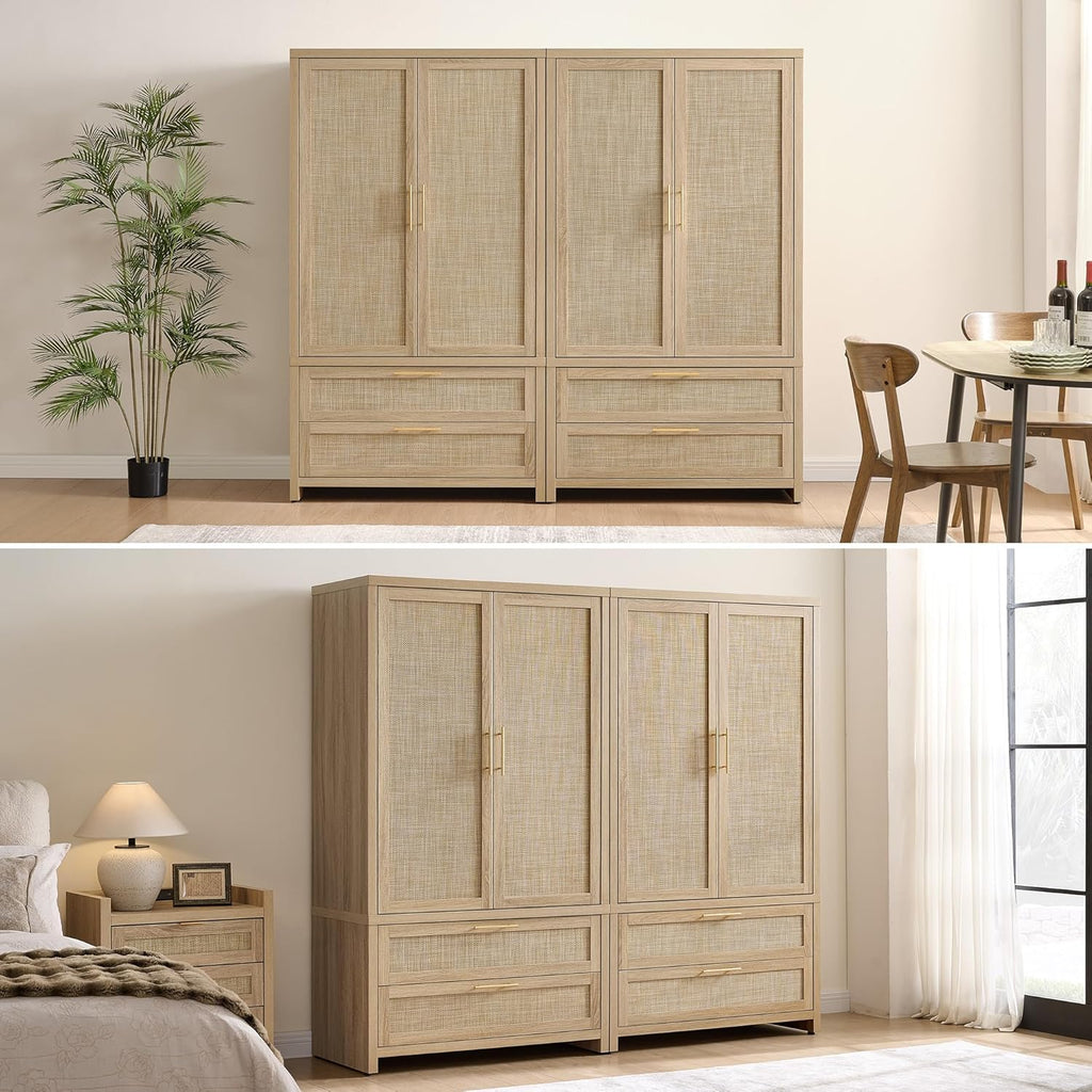 SICOTAS 71 inch Rattan Wardrobe Closet : Armoire Wardrobe with Drawers | Farmhouse Boho Storage Cabinet with Hanging Rod, Large-Capacity Deep Armoire Clothes Organizer for Bedroom, Cloak Room