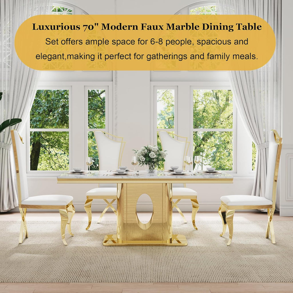 7-Piece Modern White Marble Dining Table Set, 70" Rectangular Kitchen Table with 6 High Backrest Chairs, Dining Room Set for 6 with Gold Stainless Steel Base for Dining Room