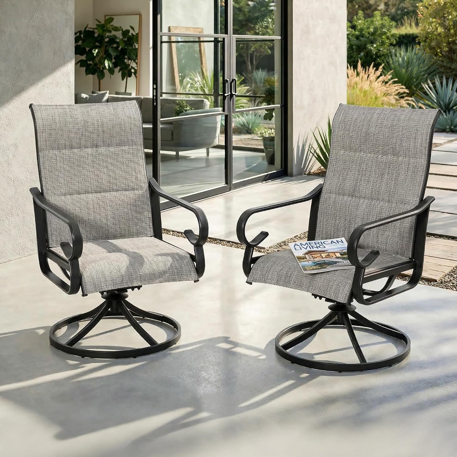 NUU GARDEN Patio Swivel Dining Chairs Set of 2, Outdoor Swivel Rocker Chairs with High Back Textilene Seat and Powder Coated Frame, for Lawn Porch Garden, Light Gray