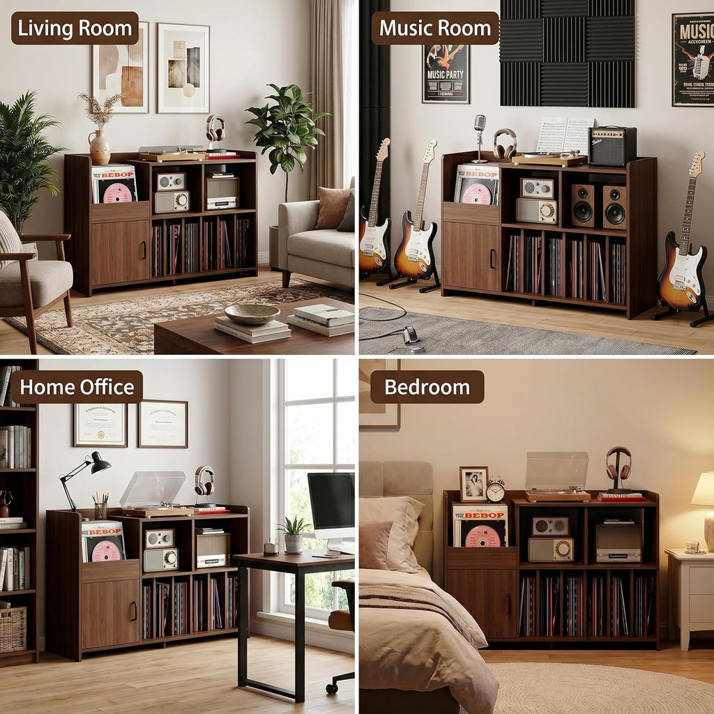 IRONCK Mid-Century Modern Record Player Stand, Record Player Cabinet with Door & Display Shelf, Vinyl Record Storage Cabinet for Living Room & Entertainment Room, Walnut