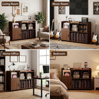 IRONCK Mid-Century Modern Record Player Stand, Record Player Cabinet with Door & Display Shelf, Vinyl Record Storage Cabinet for Living Room & Entertainment Room, Walnut