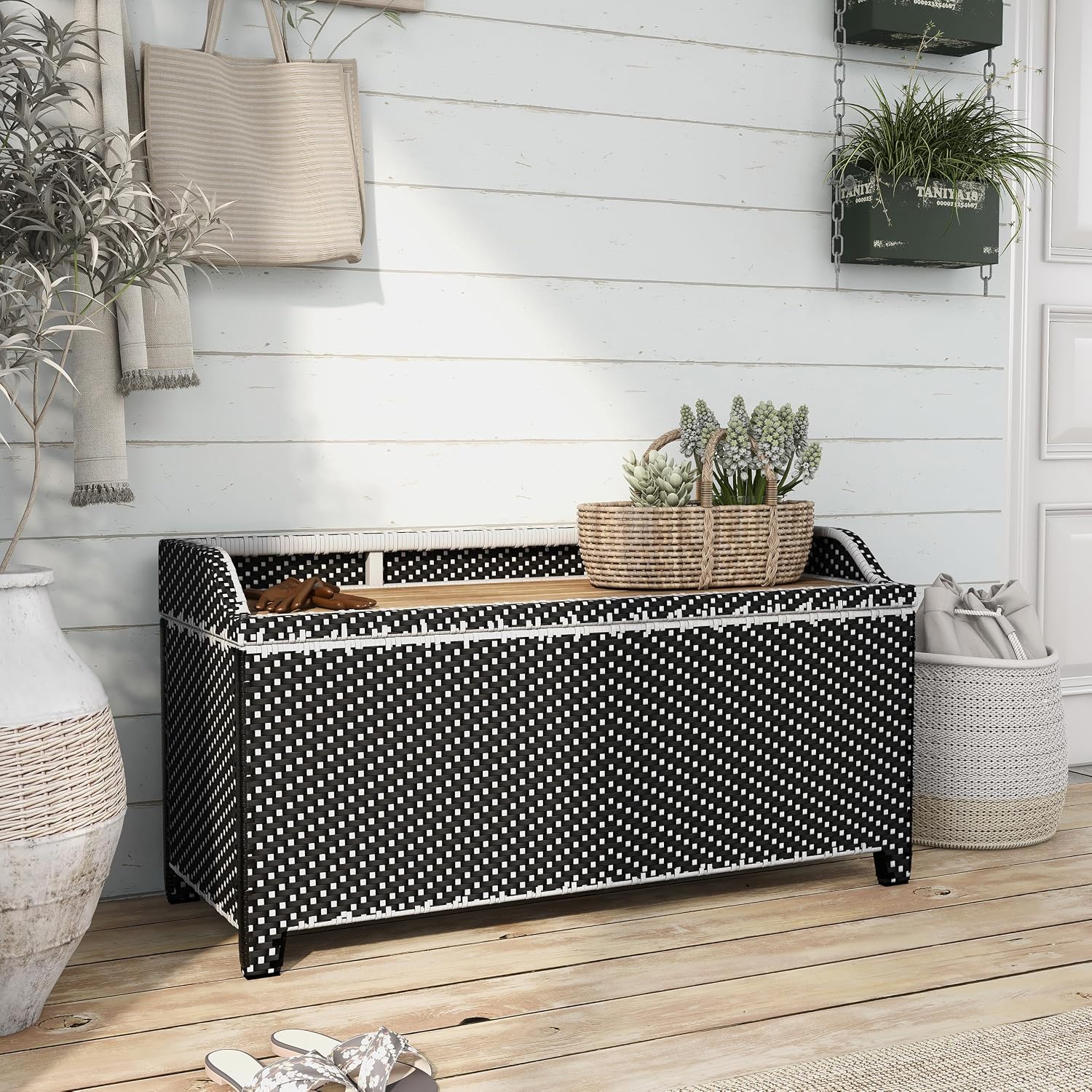 Greemotion Azur Beach Aluminum and All-Weather Wicker 41 in. Wide Storage Bench for Garden, Backyard, Patio, Pool Area, Porch, Black and White