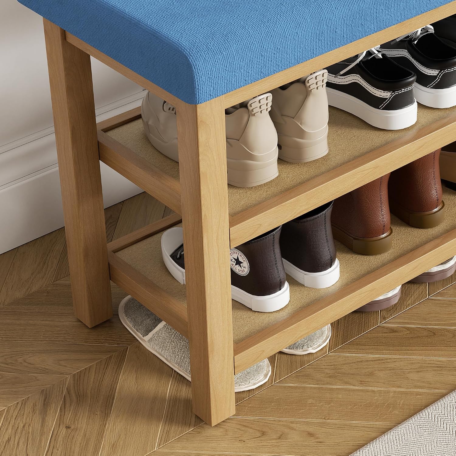 2 Tier Shoe Rack Bench with Cushion, Rubberwood Shoe Benches, Mid-Century Modern Shoe Storage Bench for Entryway, Hallway, Living Room, Closet, Front Door Entrance, Blue