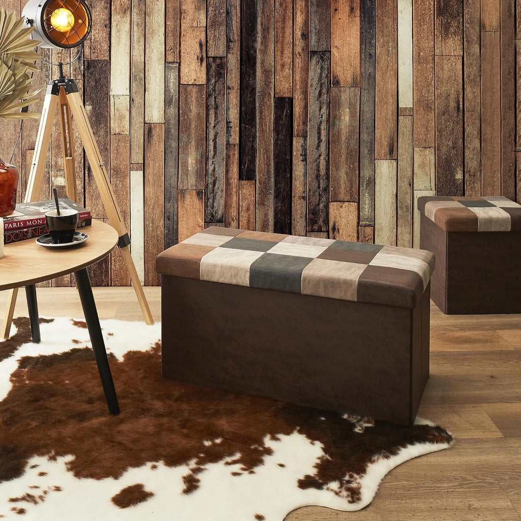 HOME DECO FACTORY, HD7666, Patchwork PU M2, Bistro Indus Furniture, Folding Chest and Bench, 76x38x38cm, Seat Height 38cm, Brown