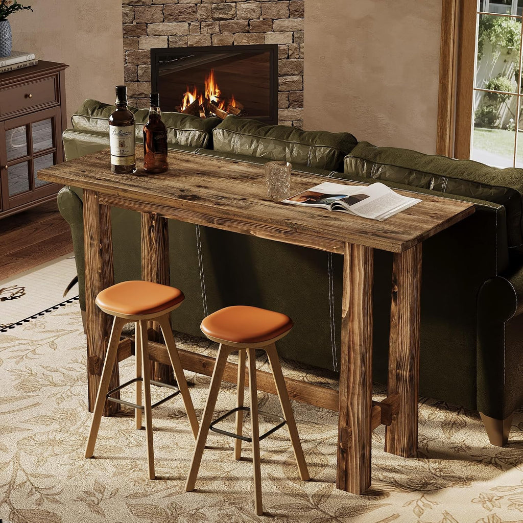 Solid Wood Bar Table, 63" Long Bar Height Pub Table, Narrow Home Bar Unit, Tall Wooden High Top Table for Kitchen, Home Bar, Café or Restaurant, Rustic Brown