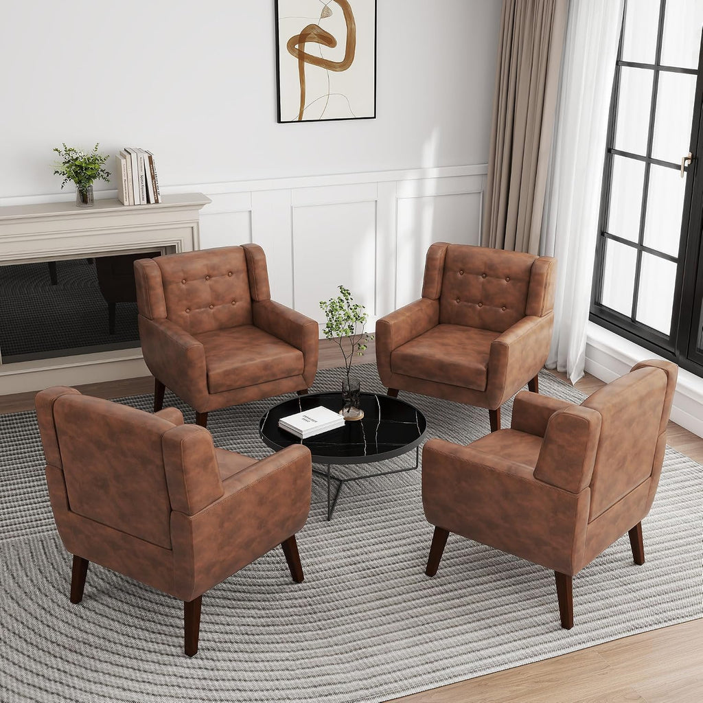 Faux Leather Accent Chair, Morden Upholstered Armchair for Living Room, Button Tufted Arm Chair Comfy Single Sofa Bedroom Side Reading Seat - Coffee