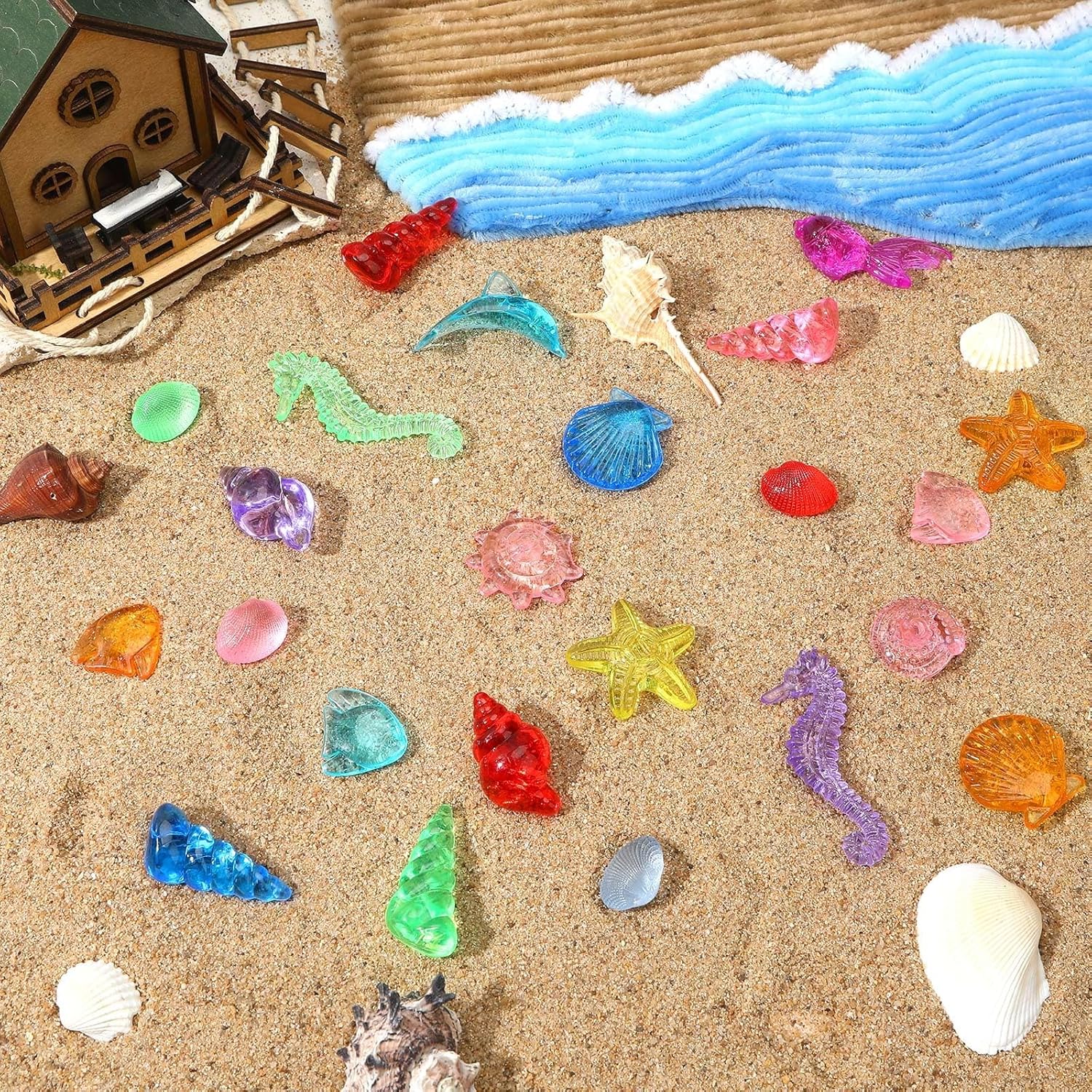 120 Pcs Acrylic Sea Shell Decorations, Ocean Themed Sensory Bin Fillers 3D Gems for Table Scatter Vase Filler and Pool Treasure Hunt Games