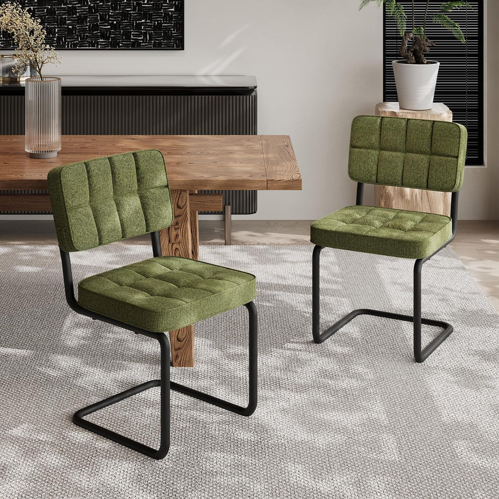 Modern Cantilevered Green Dining Chairs Set of 4, Mid Century Side Dinner Chairs, Armless Backrest, Upholstered Seat, Metal Base, Industrial for Kitchen/Restaurant/Living Room/Cafeteria, Olive
