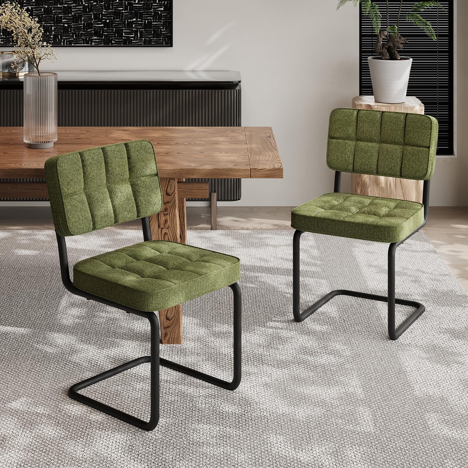 Modern Cantilevered Green Dining Chairs Set of 4, Mid Century Side Dinner Chairs, Armless Backrest, Upholstered Seat, Metal Base, Industrial for Kitchen/Restaurant/Living Room/Cafeteria, Olive