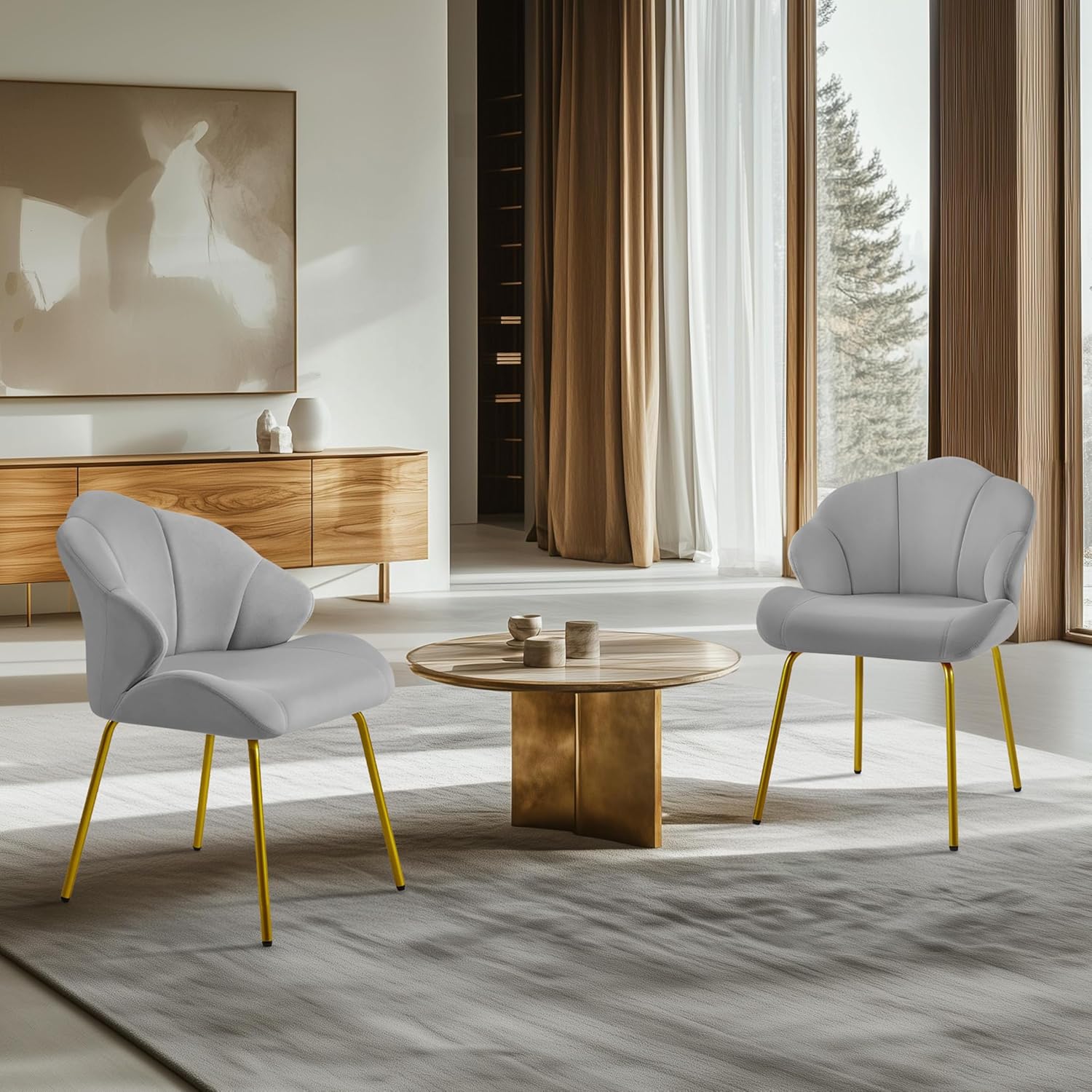 Yaheetech Vanity Chair, Velvet Accent Chair with Shell-Shaped Backrest, Modern Armchair with Gold Metal Legs for Dressing Room/Bedroom/Living Room, Light Gray