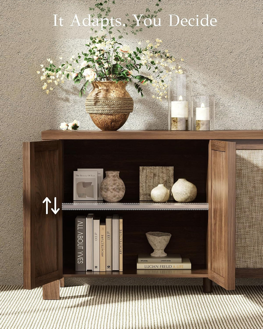 Yechen Buffet Cabinet with Storage, 63" Wide Sideboard with Solid Wood Handles and Rattan Look Accent Doors, Flexible Shelves, for Living Room, Kitchen, Dark Walnut
