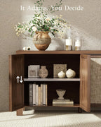 Yechen Buffet Cabinet with Storage, 63" Wide Sideboard with Solid Wood Handles and Rattan Look Accent Doors, Flexible Shelves, for Living Room, Kitchen, Dark Walnut