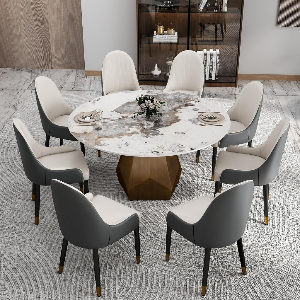 59.05" Round Marble Dining Table with Metal Base, Artificial Marble for 6-8 People, Dining Room/Living Room Kitchen Dining Table