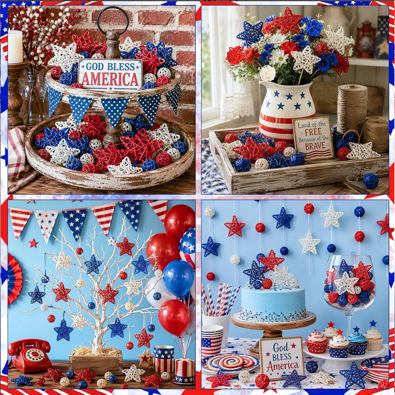4th of July Star Rattan Balls 27Pcs Patriotic Wicker Stars Red Blue White Wicker Ball 4th of July Vase Filler for Independence Day Home Decor DIY Vase Bowl Filler Ornament Table Decors