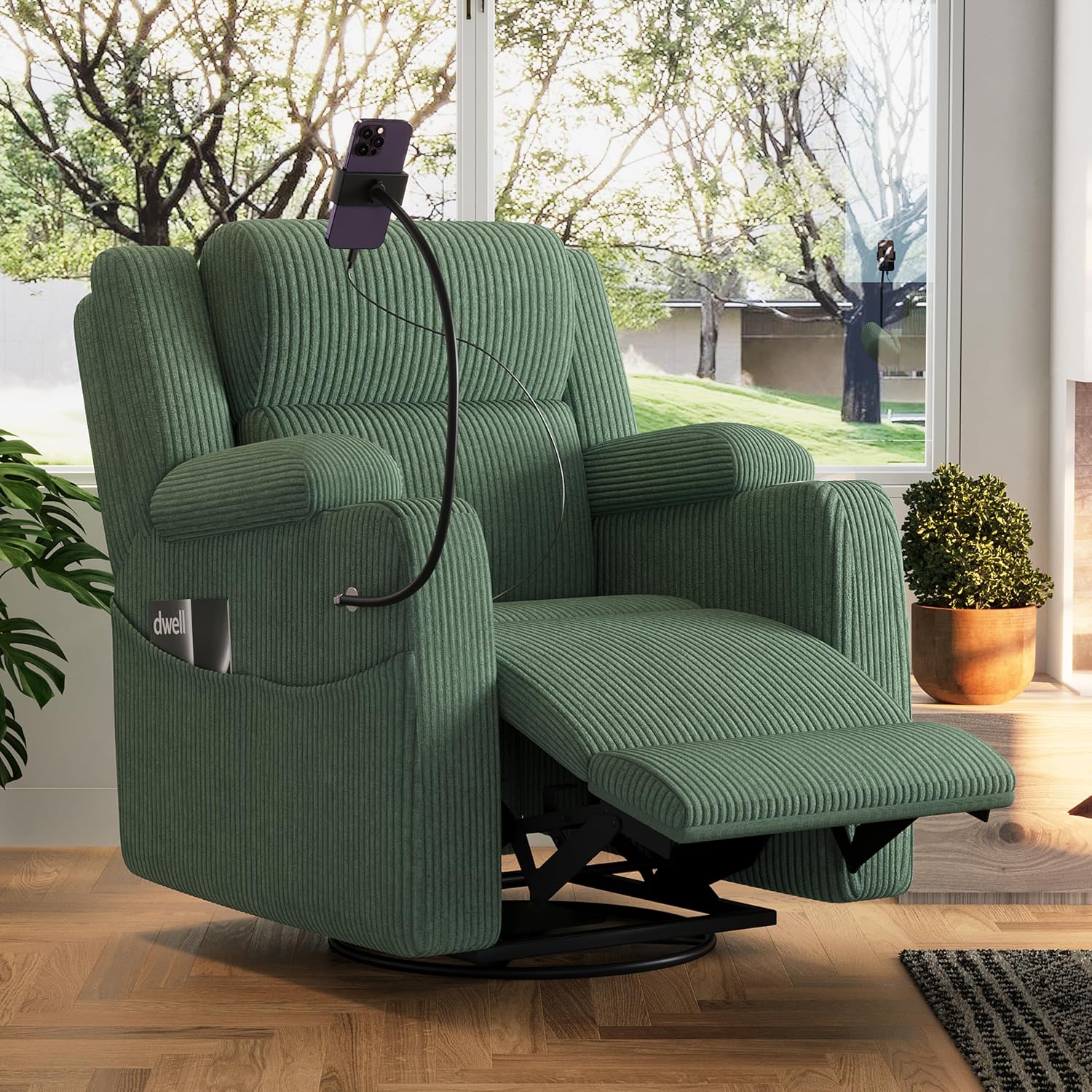 ERYE Power Reclining Chair Corduroy Upholstered Nursery Armchair,Glider Rocker Swivel Recliner W/Vibration Heat,USB-C Ports,Cupholder,Hidden Storage & Adjustable Headrest