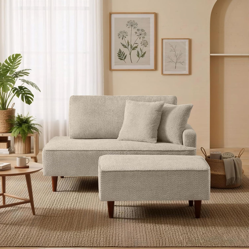 ERYE Left Facing Boucle Upholstered Chaise Lounge with Ottoman Set, Modern Minimalist Chaise Lounge Single Leisure Recliner Sleeper Sofa Daybed for Living Room Bedroom