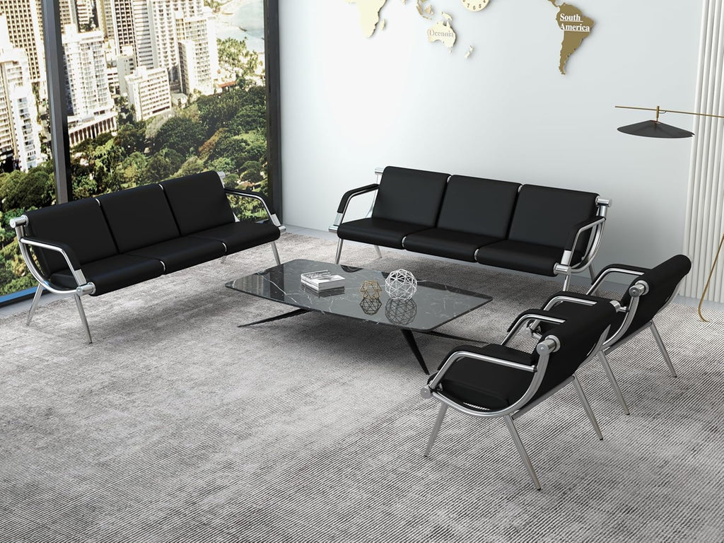 Kinsuite 9-Seat Office Reception Waiting Room Chairs - 3pcs 3-seat Guest & Reception Chairs for Salon Barber Bench Airport Bank Hall Visitor Guest Black PU Leather Office Sofa, Black