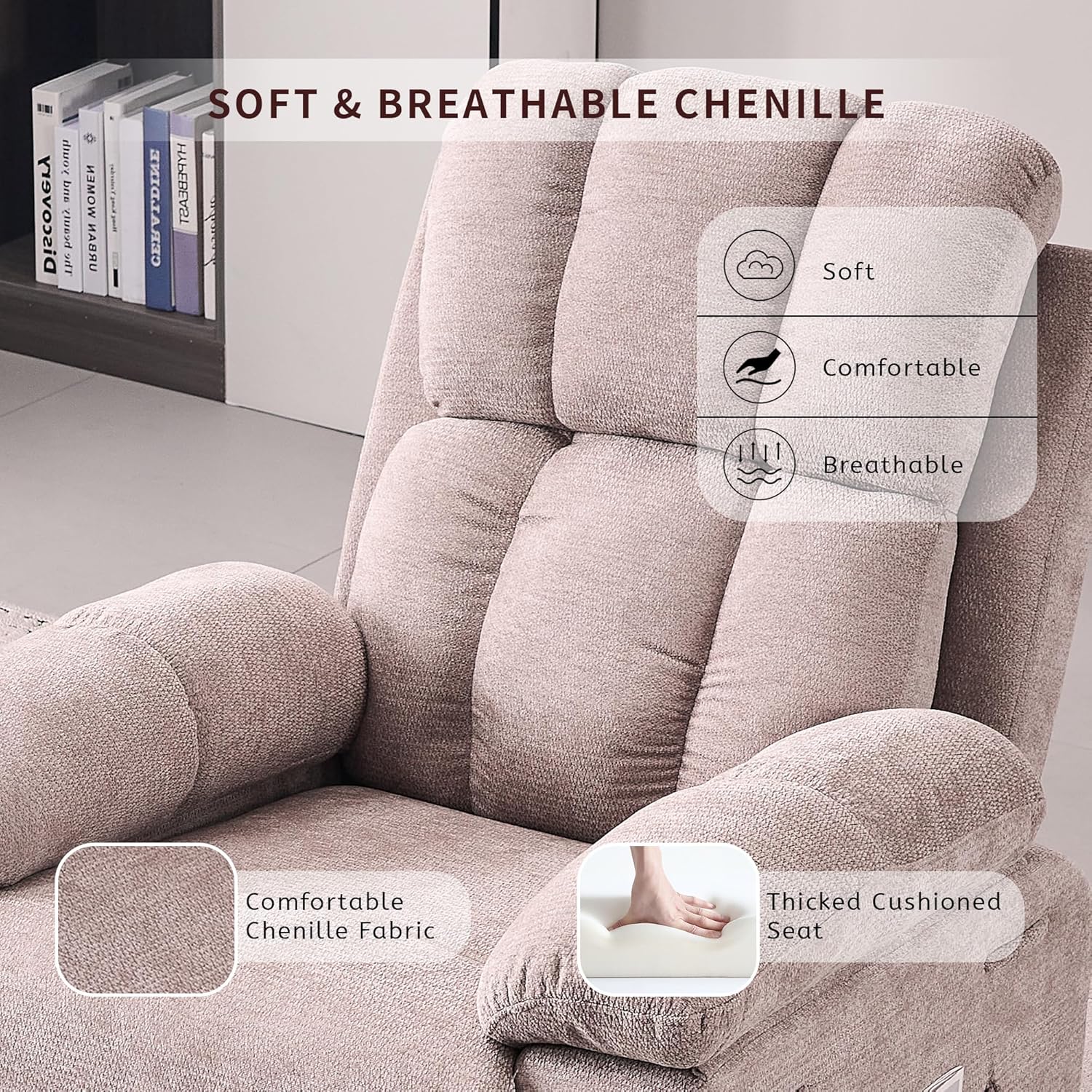 Recliner Chair for Adults, 360°Swivel Rocker Chair for Living Room, Upholstered Manual Recliner with Chenille Fabric, Nursery Rocking Chair for Bedroom, Apartment (Khaki)