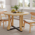 48" Small Round Dining Table with Wood Legs and Metal Cross Base, Natural Ash Solid Wood Kitchen Dinner Table for 2-4 Person, Easy Assembly, Without Chairs
